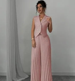 Elegant Formal Women Vest Trousers 2 Pieces Spring New Fashion Retro Wide-leg Pleated Pants Slimming Sleeveless Vest Female Set