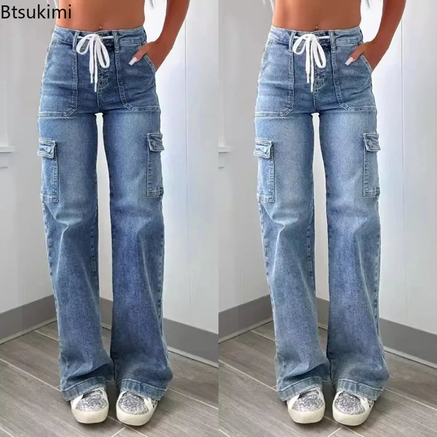 2026 Women's Casual Straight Leg Jeans Pants Fashion Style Belt and Multiple Pockets Functional Work Pants Female Cargo Trousers