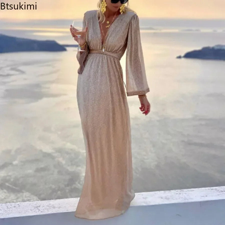 New 2026 Women's Sexy Evening Dresses Deep V-neck Gold Elegant Dress Female Wedding Party Long Formal Prom Party Gowns Vestidos