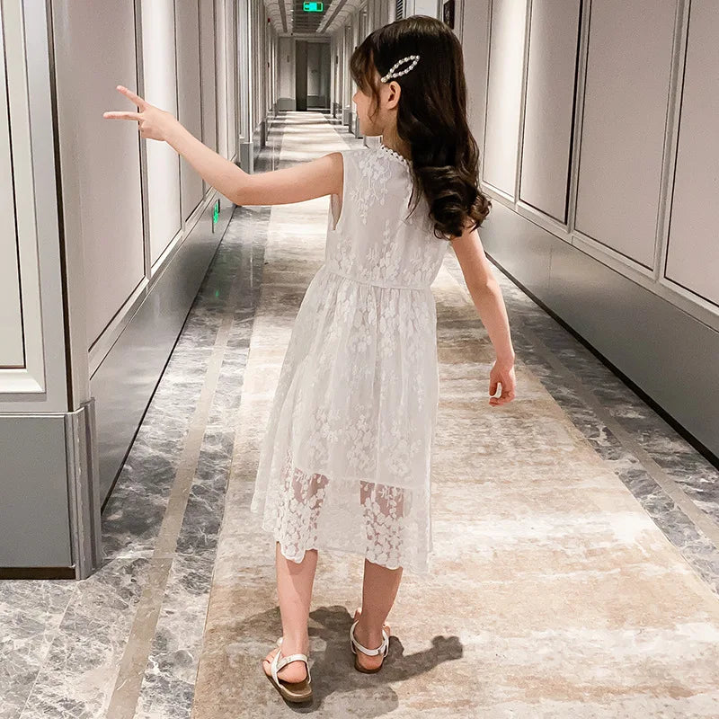 2026 summer Teenager kids Girls clothes floral mesh Princess white Dress lace off shoulder sleeveless 5 6 7 8 9 10 11 12 Years
