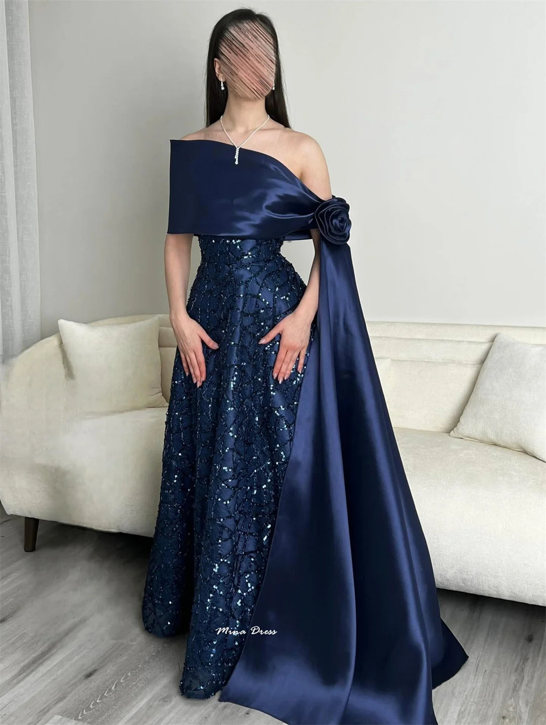 Mina Customized Navy Blue Luxurious Women's Evening Dresses for Formal Occasions Beads Flowers Sequins. Elegant Party Dress Prom