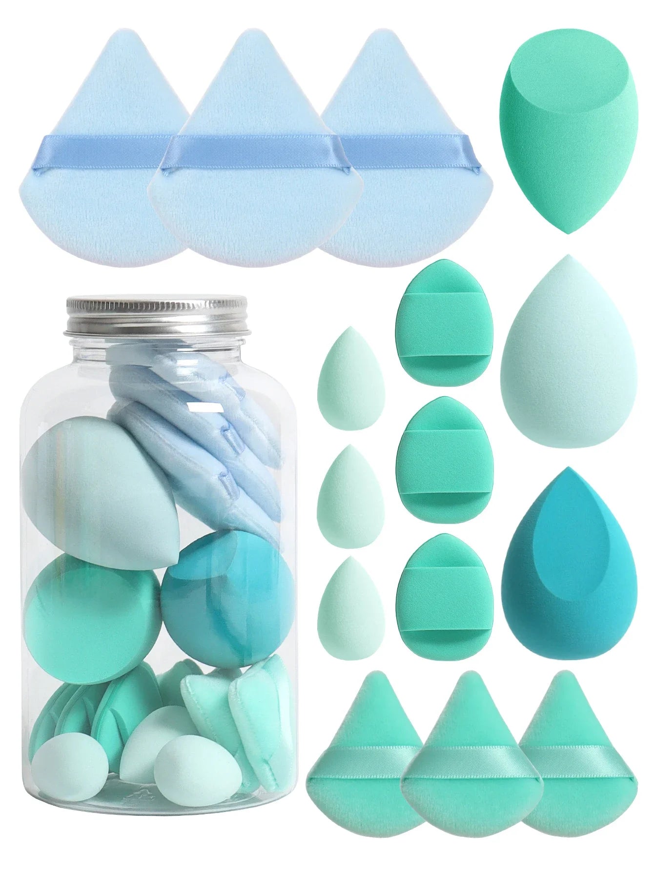 15Pcs Premium Powder Puffs with Storage Jar - Makeup Blending Sponges Set for Face Foundation & Loose Powder Kit
