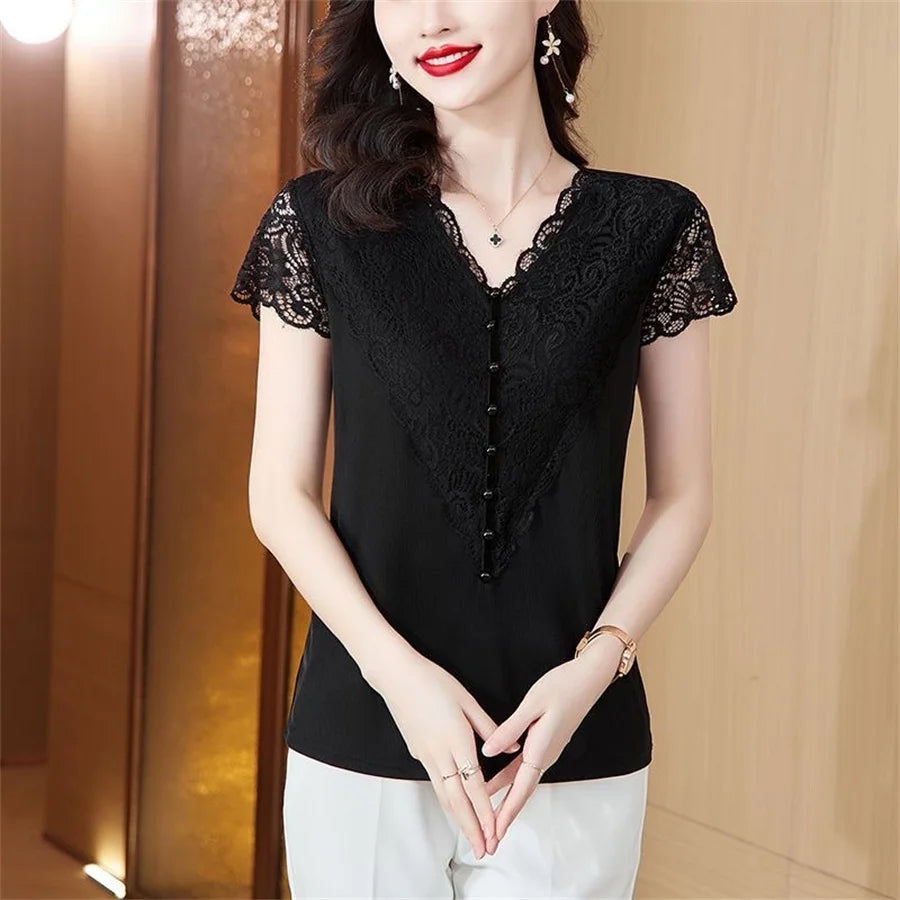 Women Summer Style Lace Blouses Shirts Lady Casual Short Sleeve V-Neck Lace Patchwork Blusas Tops DF4899