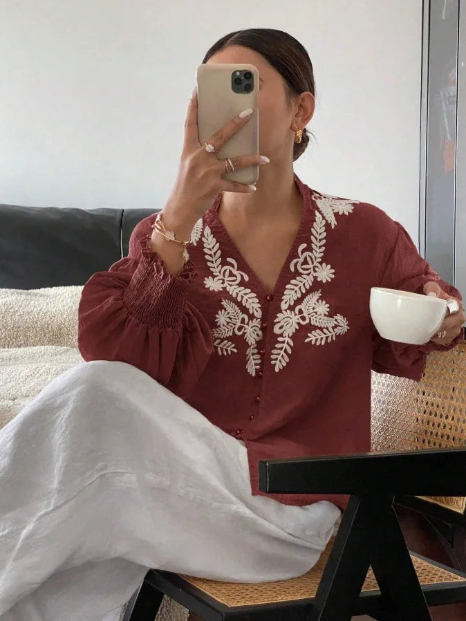 Women Autumn Single Breasted V-neck Blouses and Shirts Ladies Casual Embroidery Long Sleeve Shirt Tops