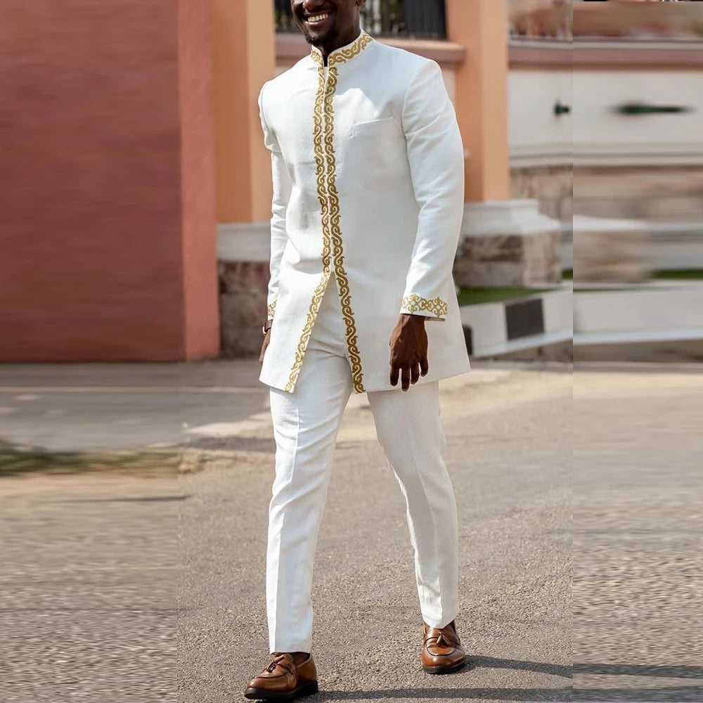African Traditional Men Suit Printed Shirt Top Elastic Waist Pants White Wedding 2 Piece Set Outfits Ethnic Style Costumes