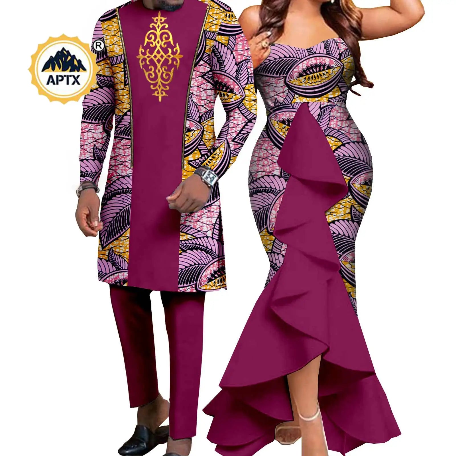 Dashiki African Women Mermaid Dresses Matching Men Outfits Pant Sets Bazin Riche African Couple Clothes for Wedding Y22C080