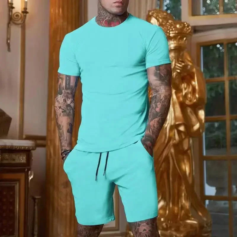 New summer fitness sportswear for men short-sleeved T-shirt and shorts two-piece set breathable and quick-drying casual wear.