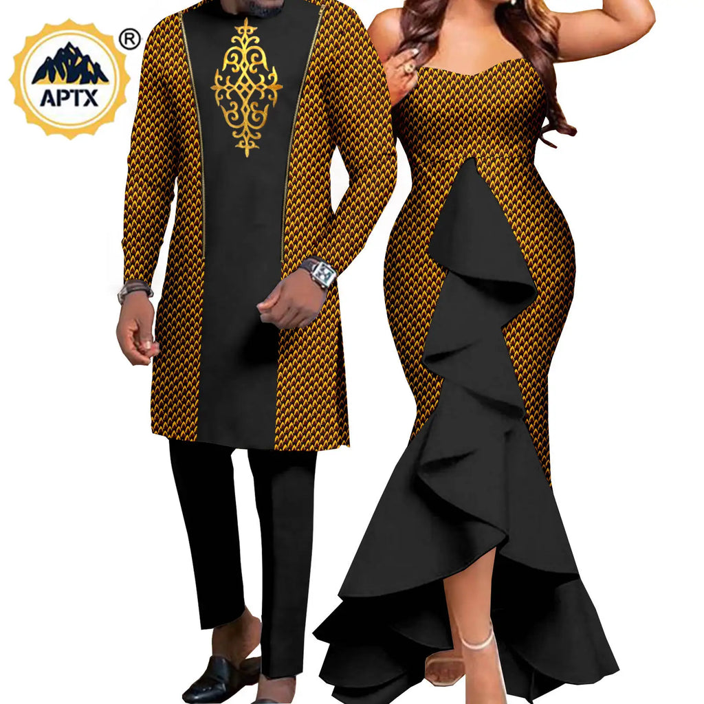 Dashiki African Women Mermaid Dresses Matching Men Outfits Pant Sets Bazin Riche African Couple Clothes for Wedding Y22C080