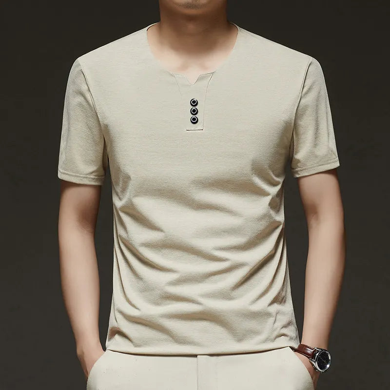 Three Button V-neck T-shirt Men 2026 New Men's Business Casual Short Sleeve Tshirt Korean Style Summer Comfortable Versatile Top