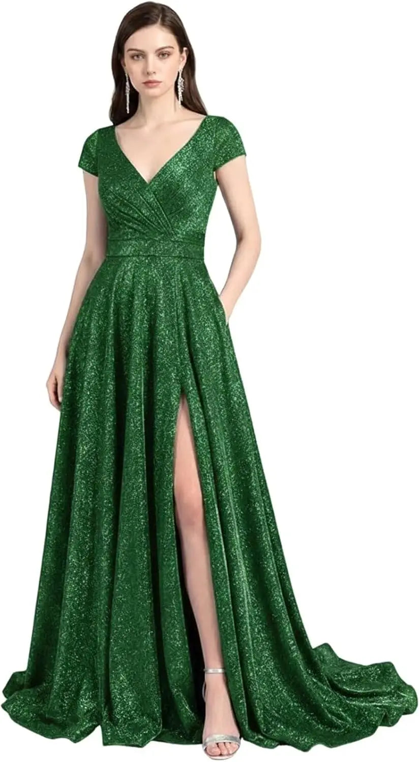 Prom Dresses Long for Women A Line with Pockets V Neck Formal Evening Ball Gown Elegant Dress Women for Wedding Party