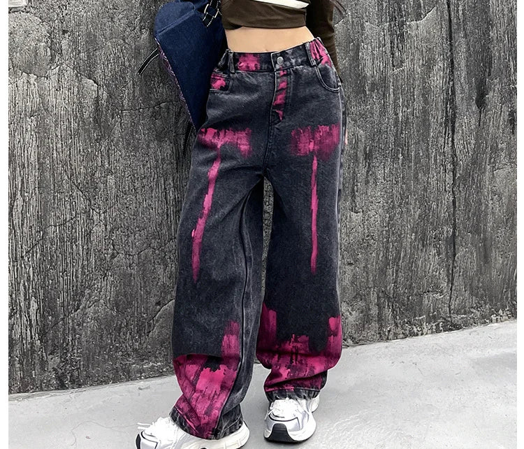 Kids Jeans for Girls Fashion Graffiti Dyeing 2025 Spring Autumn Hot Sales Teenager Unique Wide Leg Pants Korean Style Trousers