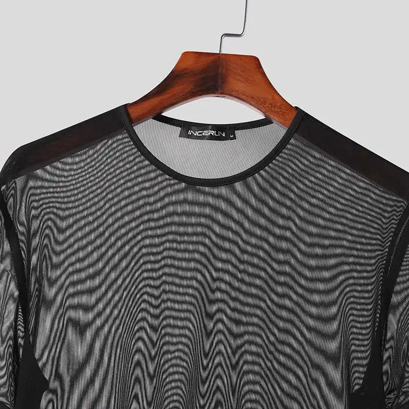 2024 Men T Shirts Mesh Transparent O-neck Short Sleeve Streetwear Men Clothing Solid Color Sexy Fashion Camisetas S-3XL INCERUN
