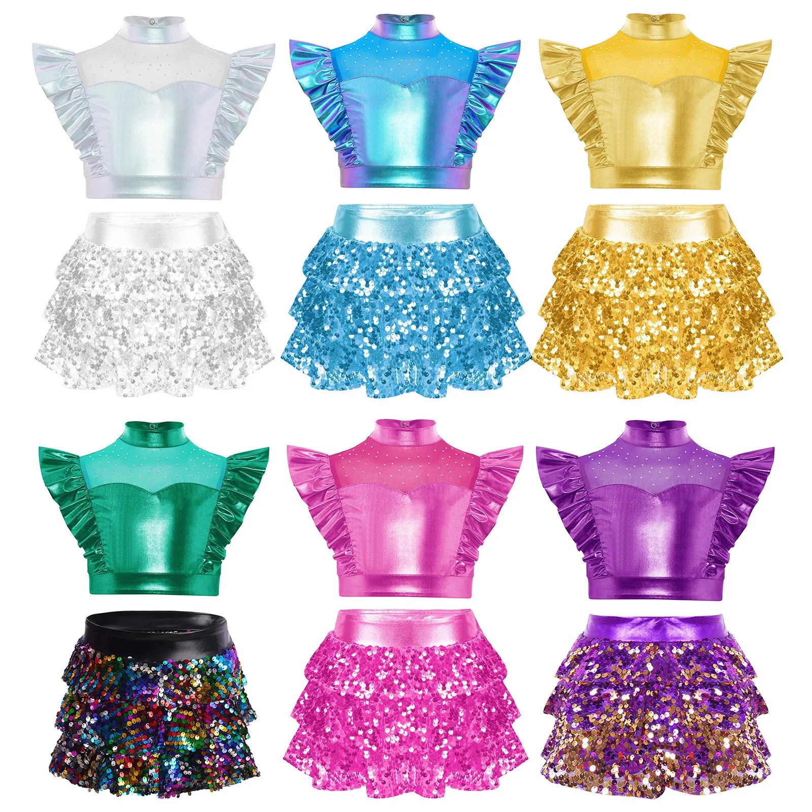 Kid Girls Hip Hop Dance Clothes Kids Jersey Sequin Tiered Skirt Long Tank Top Jazz Metallic Holographic Crop To Cheerleading Set
