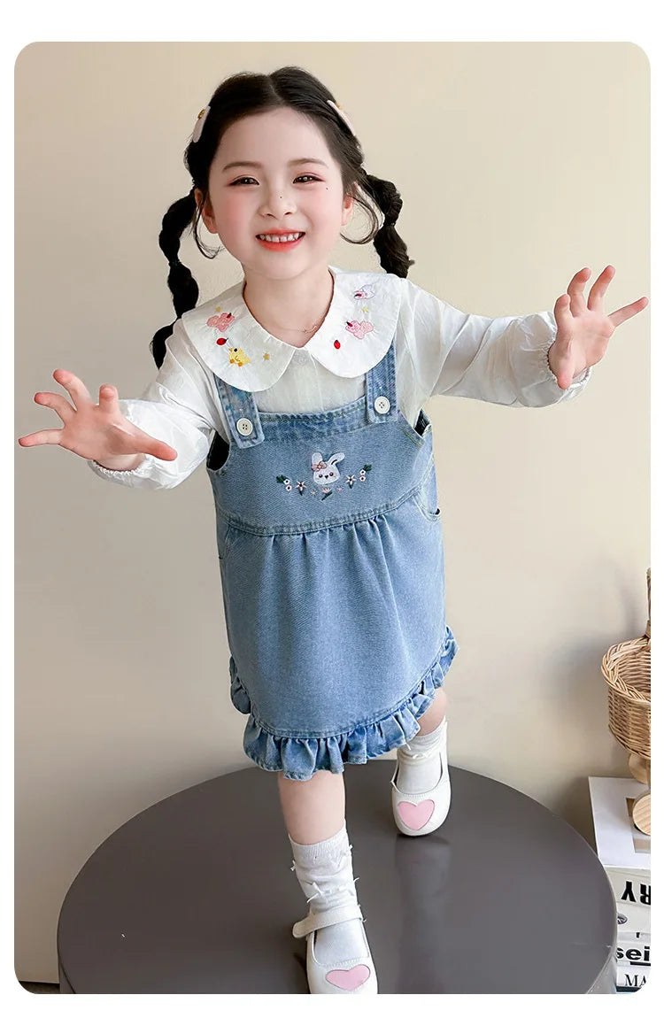 Girls Shirt Set Spring 2026 New Foreign Style Two-piece Set Baby Denim Strap Skirt