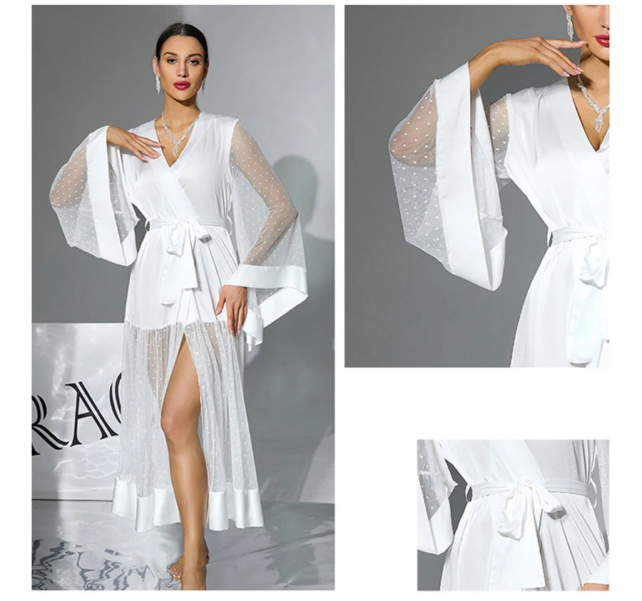 Summer Women Sexy Mesh Maxi Dress V-Neck Belted Polka Dot Sheer Robe Flare Sleeve Party Wedding Nightgown Beach Cover Up Vestido
