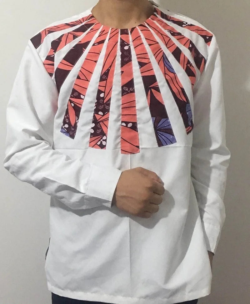 Nigerian Fashion White Men's Shirts O-Neck Modern Design Sector Patchwork Tops Customized African Wedding Party Wear