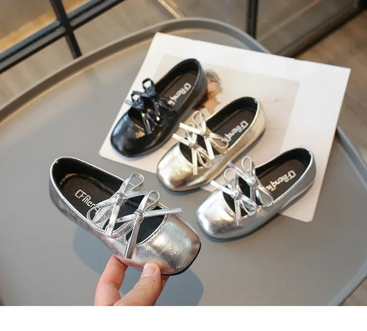 Elegant Girl Princess Shoes New Kids Leather Shoe Spring Autumn Children's Fashion Causal Black Ballet Shoes Solid Color Bowknot