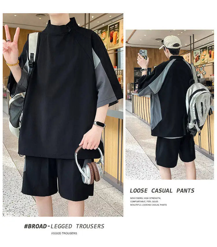 【T-Shirt + 5-Point Shorts】Men's T-Shirt Set Summer Fashion Nylon Blend Diagonal Neck Streetwear Sports Leisure Two-Piece Suit