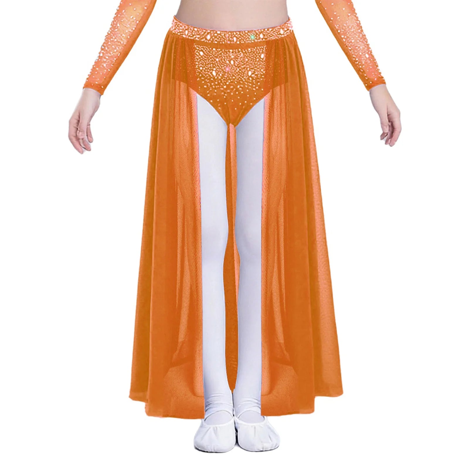 Kids Girls Lyrical Modern Dance Skirt Shiny Rhinestones Open Front Flowy Sheer Mesh Skirt with Built-in Briefs Ballet Dresses