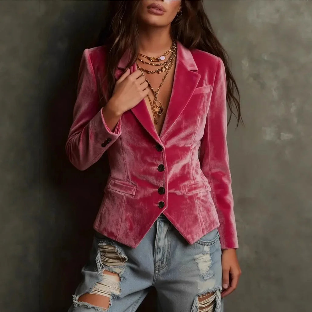 Velvet Blazers for Women Jacket Single Breasted Suit Collar Blazer Coat Solid Long Sleeve Simple Fashion Female Outerwear