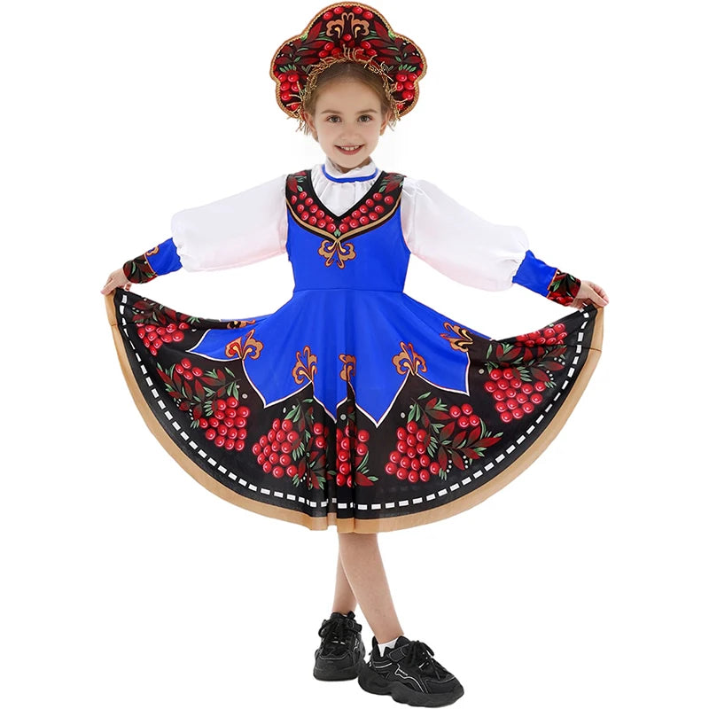 Russian Children Traditional Folk Dance Dress Girls Princess Clothing Tops dress Headwear Carnival Stage Performance Costume
