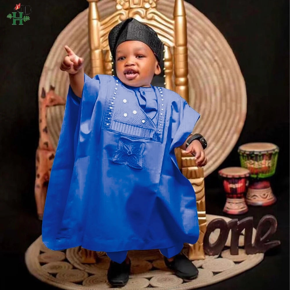 2025 New African Traditional Clothes For Kids Boy White Blue 3 PCS Set Long Sleeve Tops Embroidery Dashiki Robe Shirt Pant Child