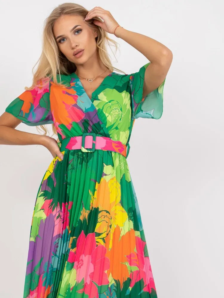 Women's Summer Dress New Summer V-neck Dress Women's Printed High Waist Pleated Skirt Fashion Holiday Party Dress Dresses Robe