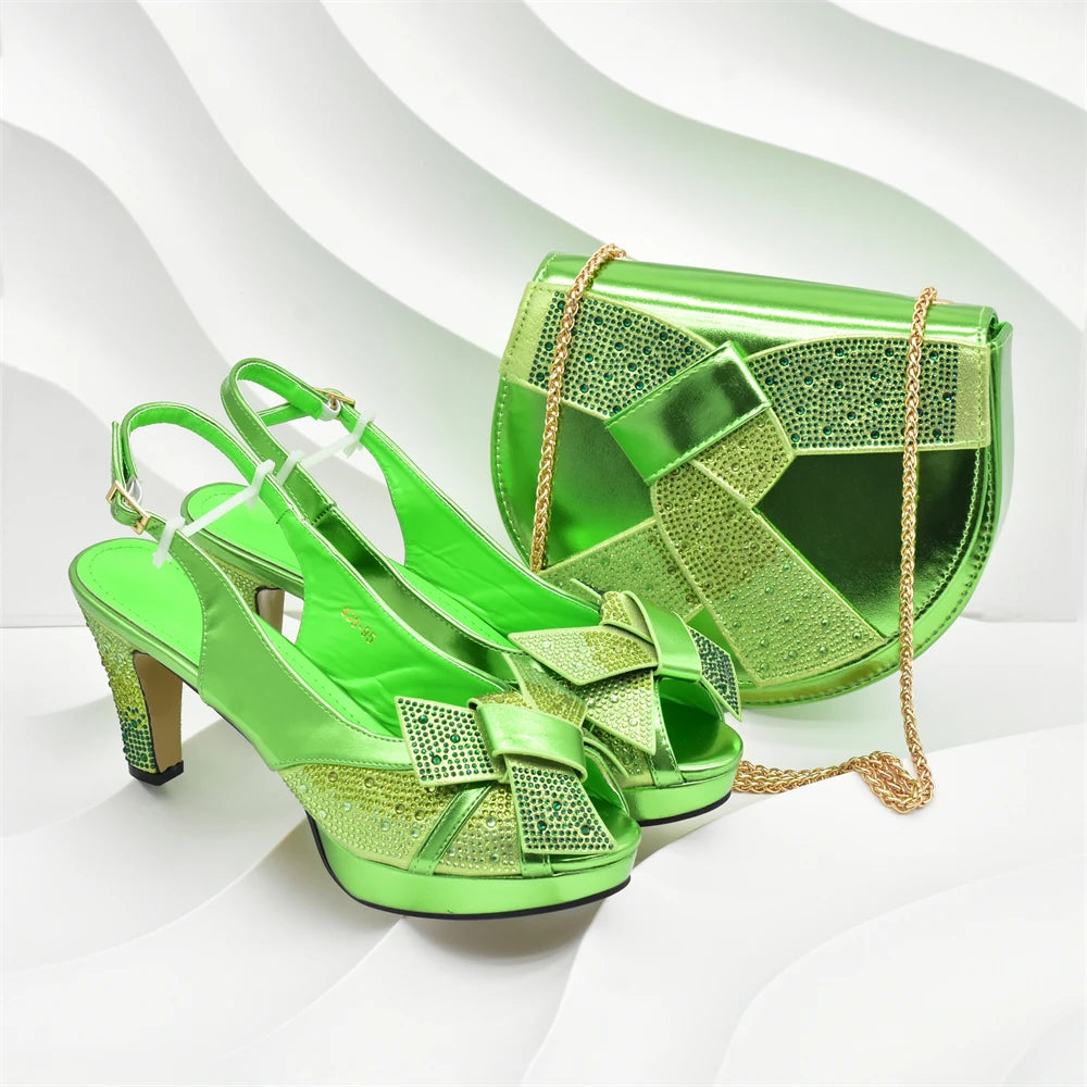 Fashion Women Nigerian Italian Shoes and Bags Set Decorated with Rhinestone Peep Toe High Heels Women Pumps for Wedding