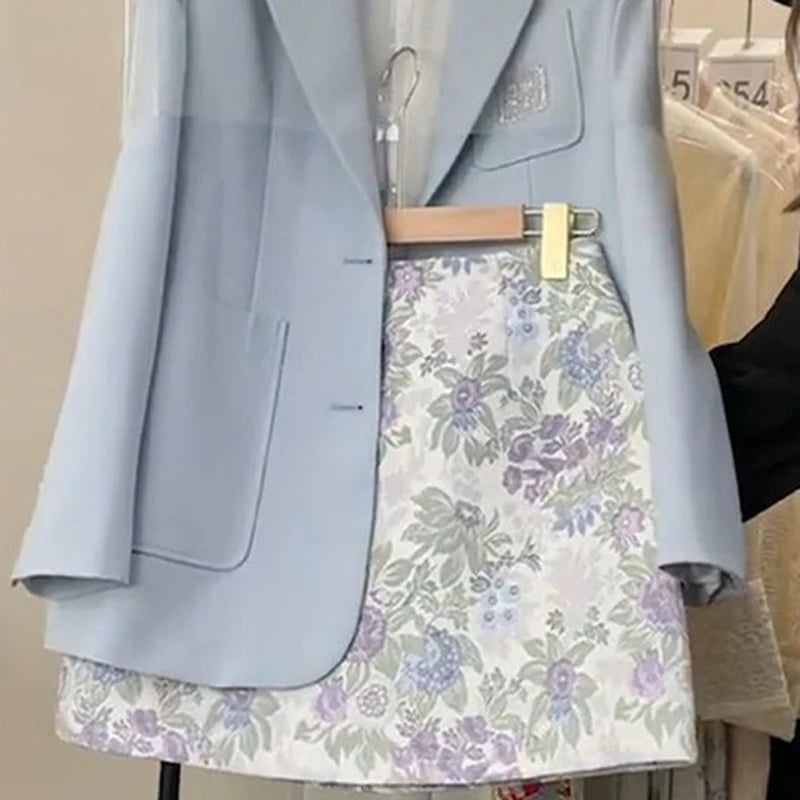 skirt sets Suit vest skirt spring new beautiful Korean blue coat printed skirt suit female sfashion sense blue suit floral skirt