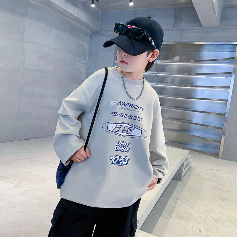 Teenage Kids Tshirts New Spring Fall Clothes Fashion Letter Fake Two Piece Sleeve Costume T-shirt Child Cotton Boy Tees Tops