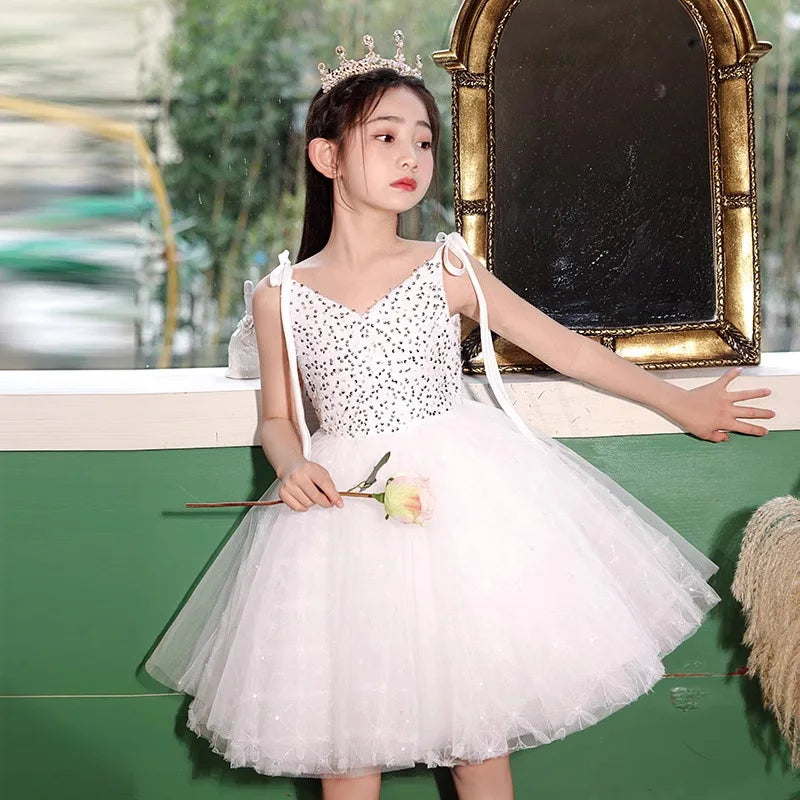 Teen Girl Clothes New Girls Strappy Tie Princess Dress Casual Fashion Kids School Event Host Gown Daily Wear Party Outfit Summer