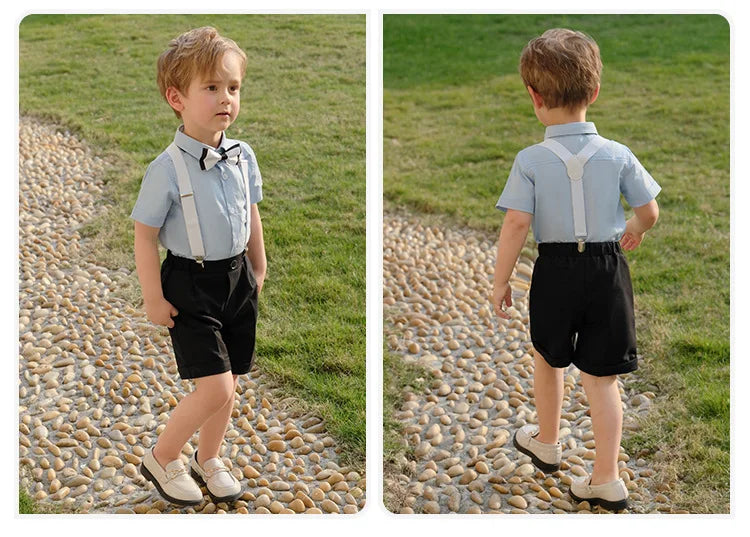 Kid Formal Strap Shirt Shorts Bowtie Clothing Set Gentleman Baby Toddler Tracksuit Elegant Boys Outfit Suit For Wedding Children