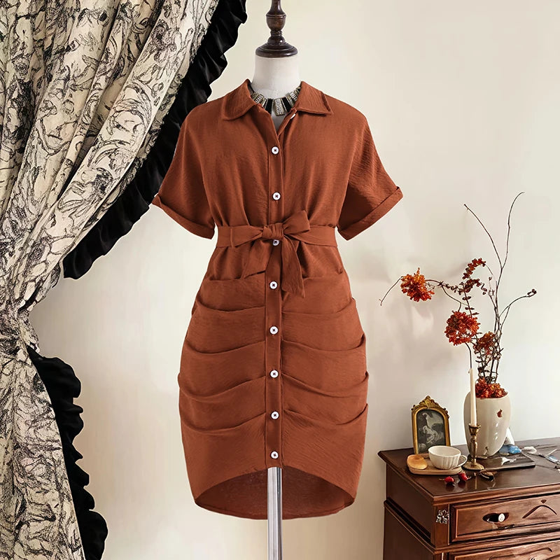 Girls 8-12 Casual Dress, Brown Lapel Short Sleeve Belted Ruched Bodycon Shirt Dress, Retro and Elegant for Daily Wear