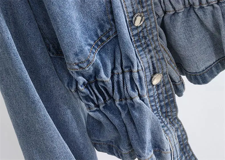 Jean Jacket V-neck Pleated Waist Slim Coat Women's Autumn Korean Fashion Personalized Irregular Shirt Loose Casual Denim Tops