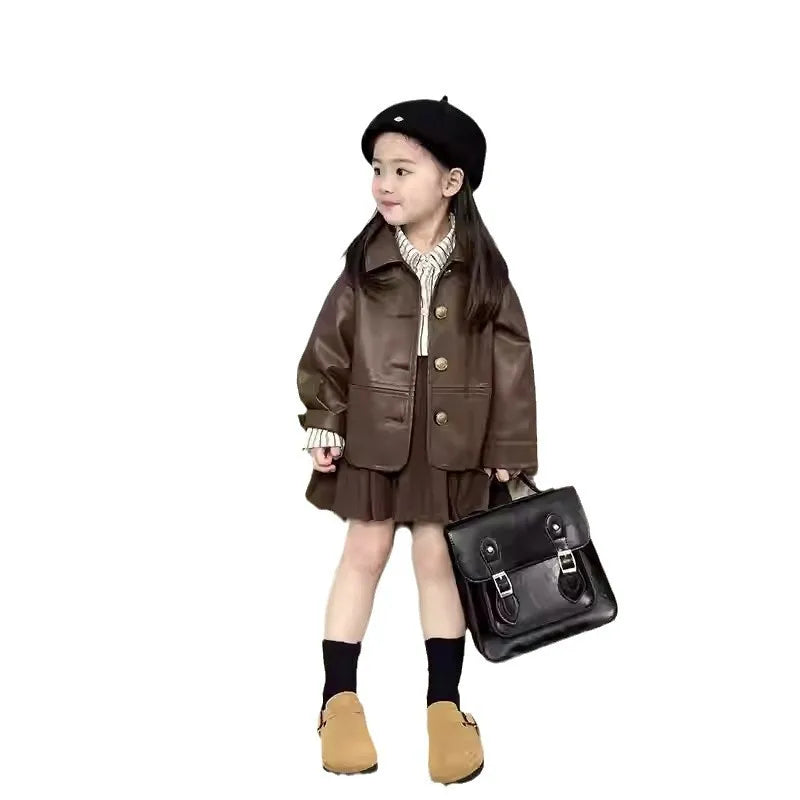 Childrens Suit Spring and Autumn New Korean Girls Fashion Leather Coat Striped Shirt Solid Color Pleated Skirt Three Piece Set