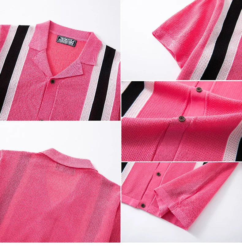 Summer New Knitted Shirts for Men Fashion Cuban Collar Business Casual Social Polo Shirts Knit Cardigans Men Clothing Streetwear