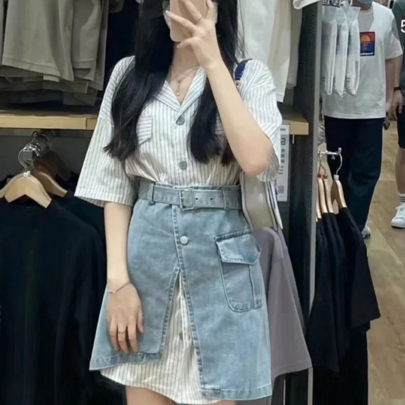 Short Sleeve Mature Skirt Women's Two Piece Set Slit Denim Y2k Clothes Formal Event New in The Same Stylish Full Female Outfits