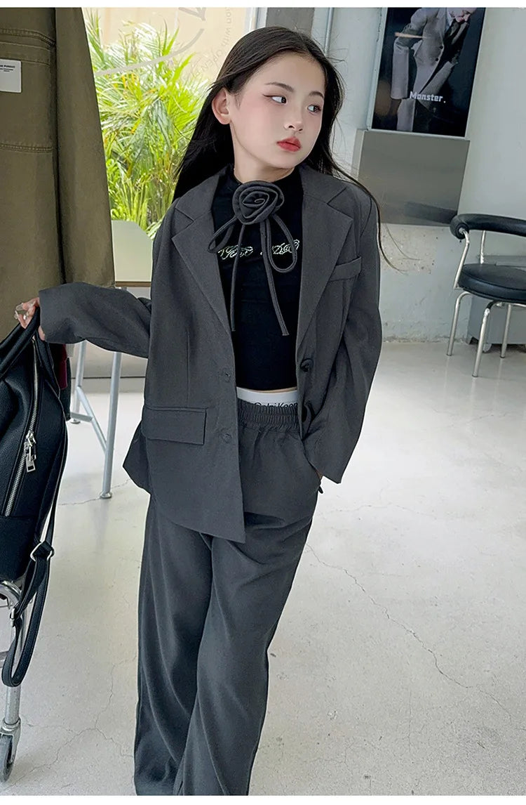 8 10 12 14 teenage Girl suit set Blazer+Wide leg pants 2pcs junior kid clothes suits children clothing girls outfit sets Costume