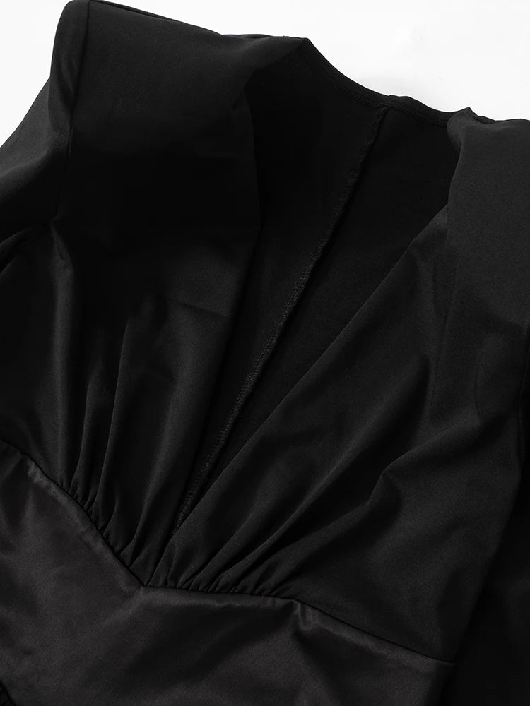 Nibber Elegant Women Dress Deep v-Neck Long Sleeves High Slits Skinny Solid Classic Premium Ruffles Temperament Banquet Vestidos