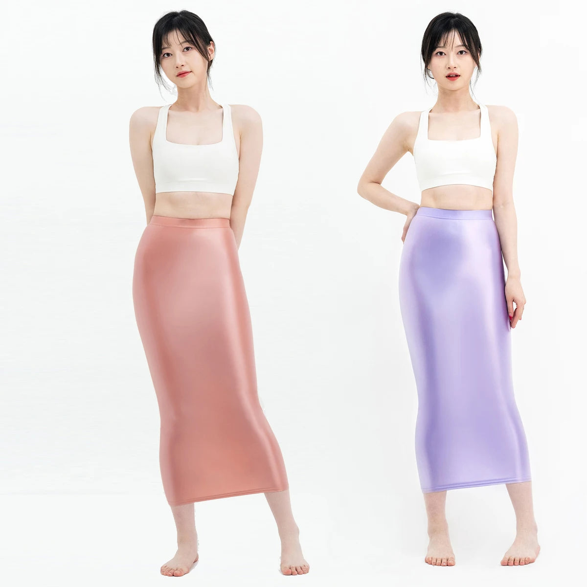 MJINM Women Sexy Oil Silky Satin Shiny Glossy High Elastic Skirt Hip Wrap One-step Ankle-Length Skirt Smooth Slimming Fit Skirt