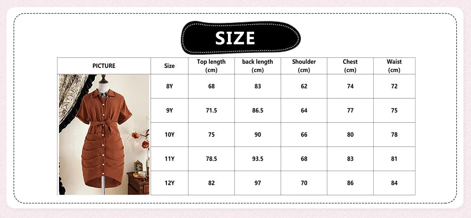 Girls 8-12 Casual Dress, Brown Lapel Short Sleeve Belted Ruched Bodycon Shirt Dress, Retro and Elegant for Daily Wear