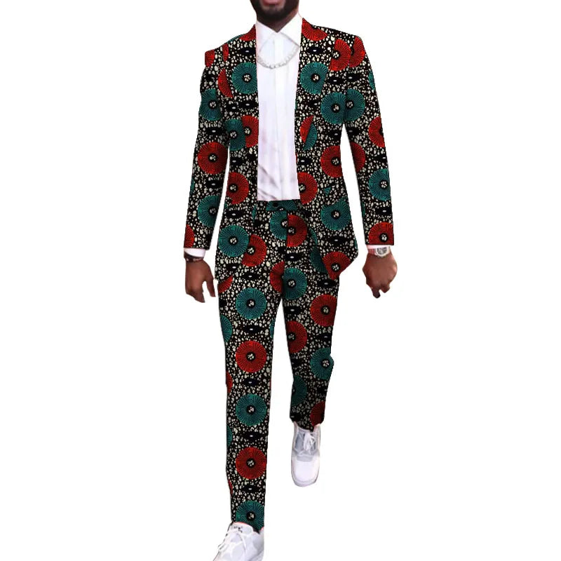 African Party Suit Men Blazers+Trousers Original Design Colorful Print Nigerian Outfits Tailor Made Male Wedding Wear