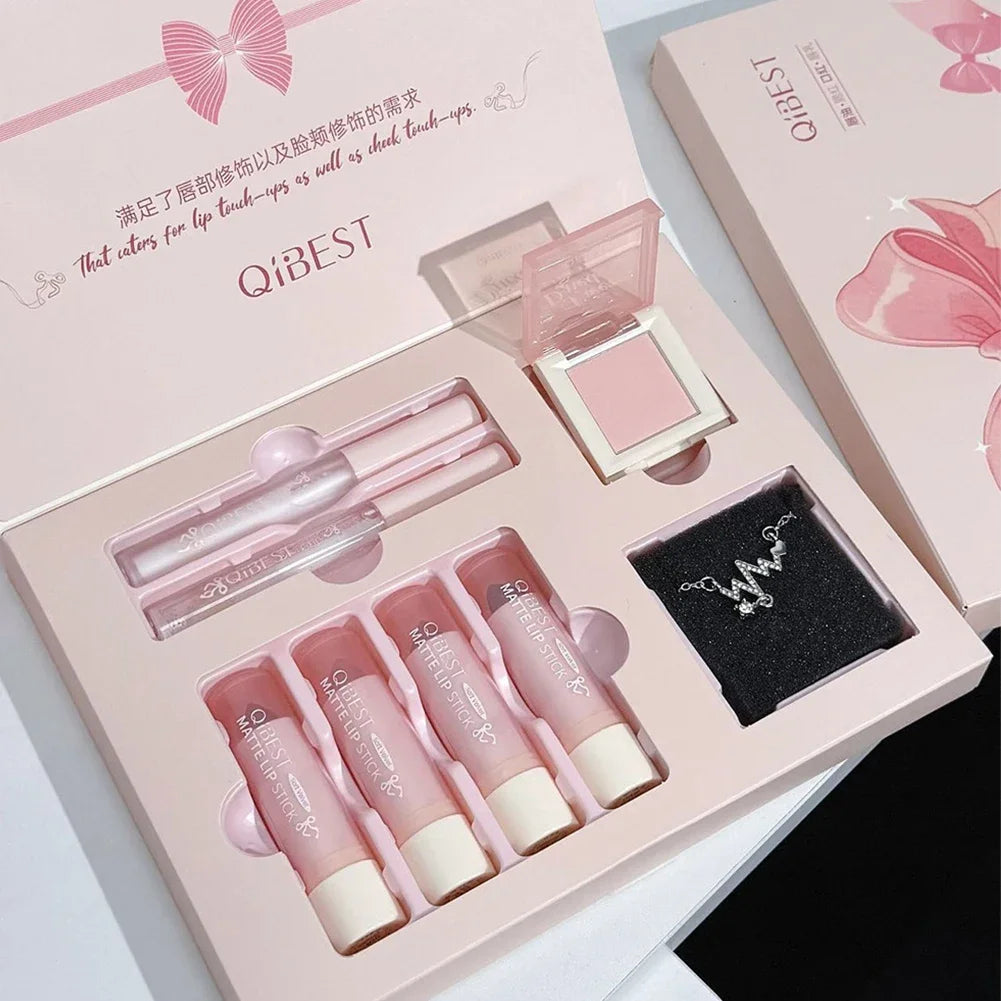8Pcs Makeup Set Include 4pcs Velvet Nude Matte Liquid Lipstick And 1pc Face Blush Palette With Necklace Gift Cosmetics