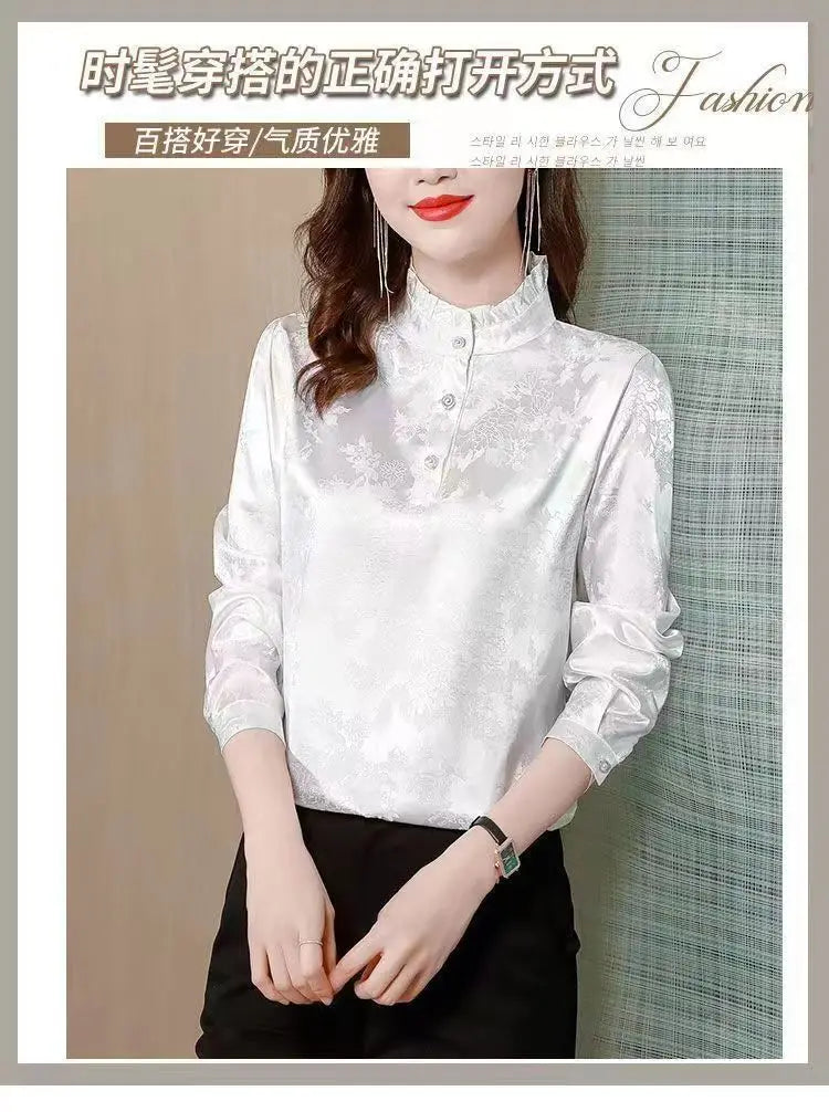 Premium Satin Blouse Women Spring Age-Reducing Print Loose Long Sleeve Top Fashion Elegant Collar Shirt