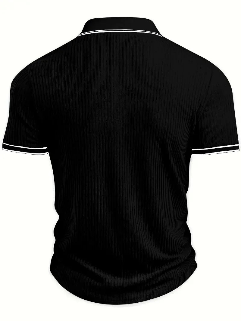 Men Ribbed Knit Polo Shirt Short Sleeve Turn Down Collar Contrast Trim Button Placket Slim Fit Casual Top