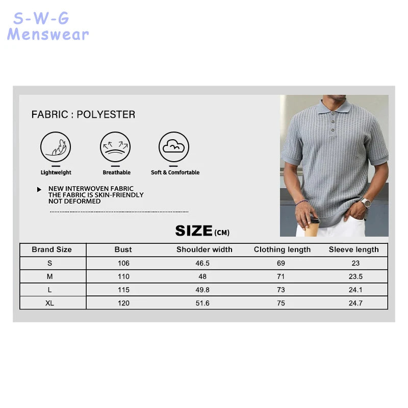 Mens Knit Shirts Short Sleeve Men's Textured Knit Polo Shirt Summer Short Sleeve Vacation Button Beach Knit Stretchy Golf Shirts
