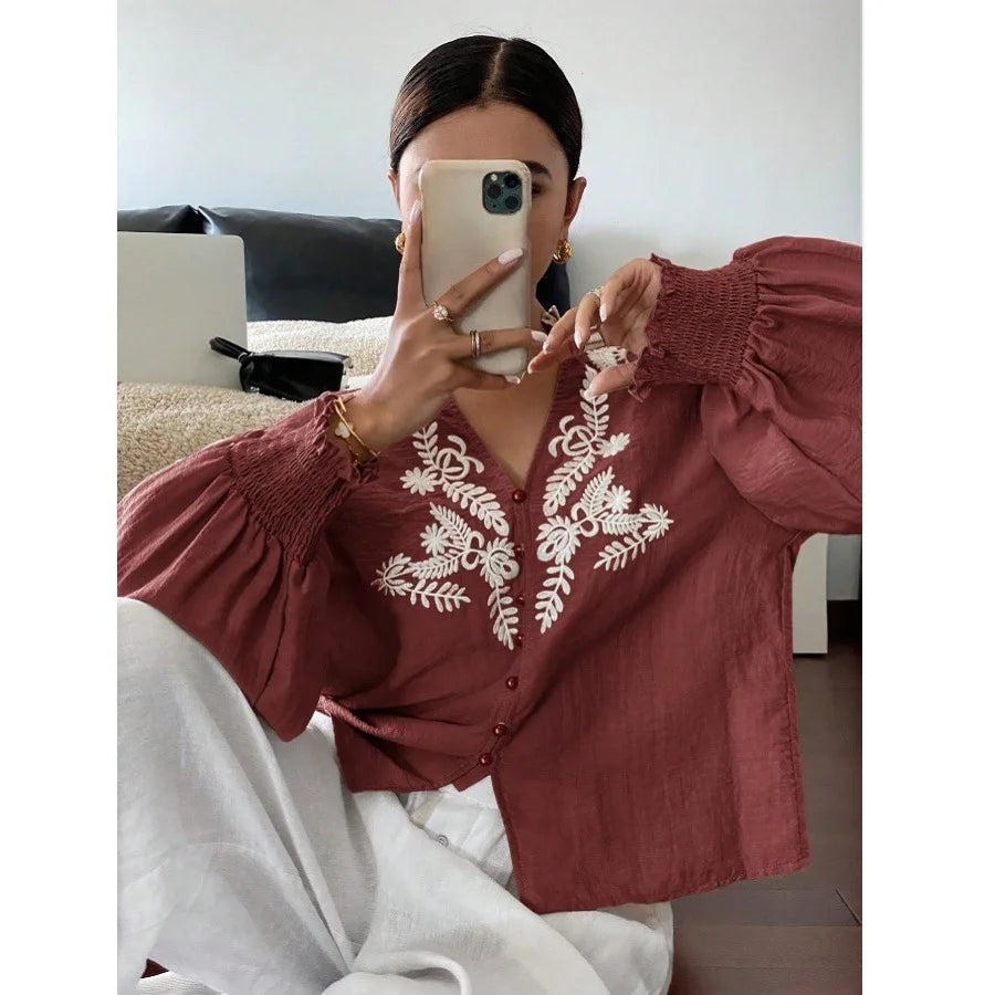 Women Autumn Single Breasted V-neck Blouses and Shirts Ladies Casual Embroidery Long Sleeve Shirt Tops