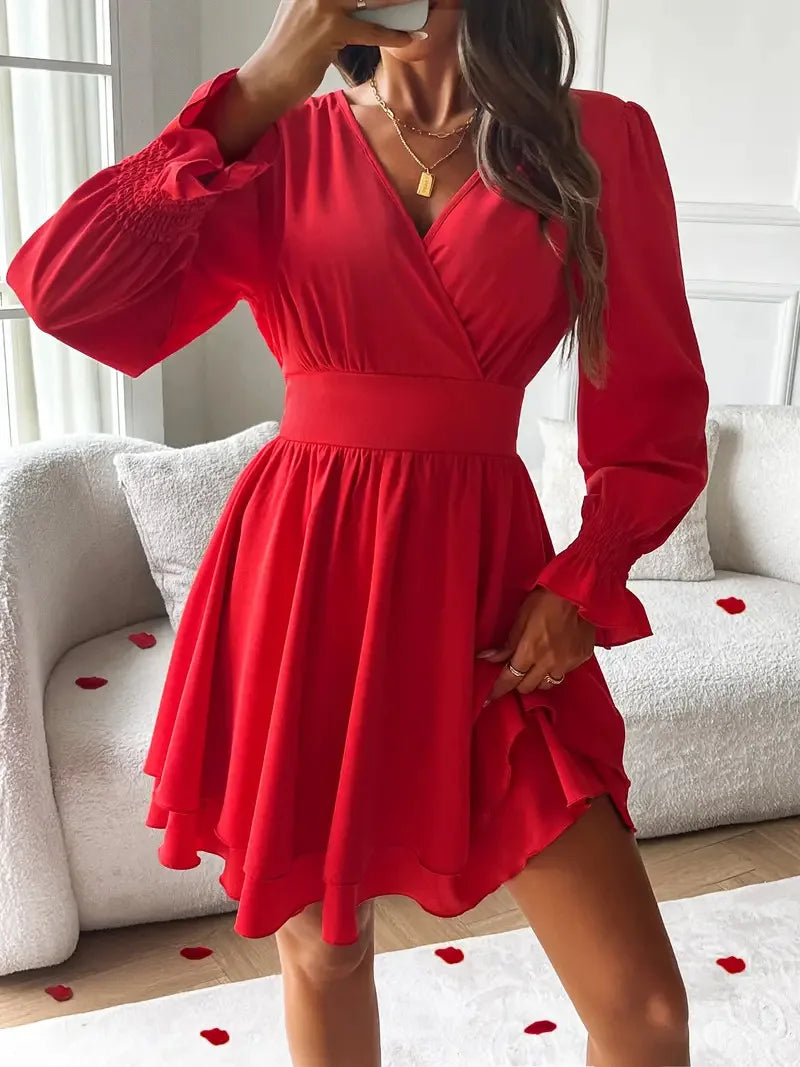 Summer New Dresses 2026 Woman Clothing V-Neck Lantern Sleeve Wrap Mini Dress Ruched Waisted Dress Elegant for Spring Party Dress