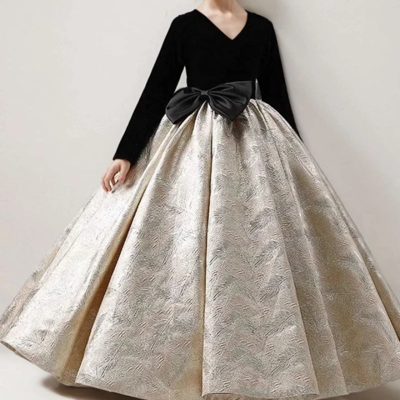 Girls Long Sleeve Black Party Dress New Kids Pageant Gown for Fashion Show Piano Performance Formal Wear Autumn Winter Children