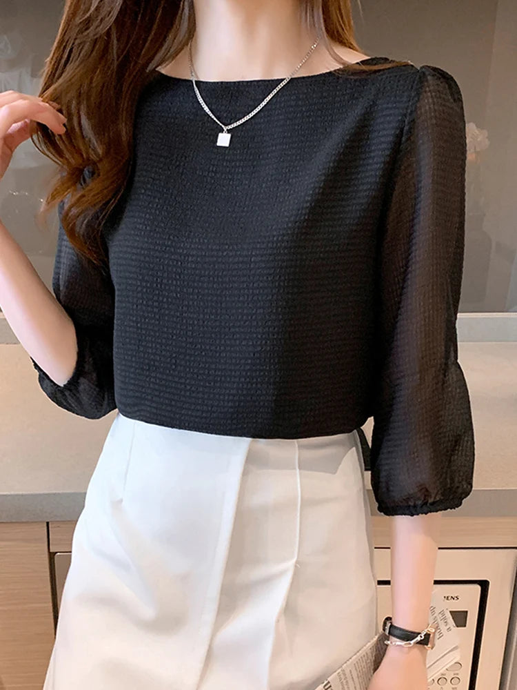 Blusas Para Mujer 2026 New Women Blouse Shirt O-Neck Black Chiffon Blouse Shirt Women Tops Blouses Shirts Blusas Camisas E474